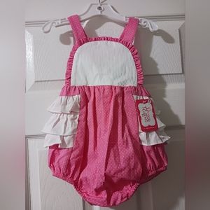 RicRac And Ruffles Girls 2T Pink And White Polka Dot Ruffle Bubble Romper NWT